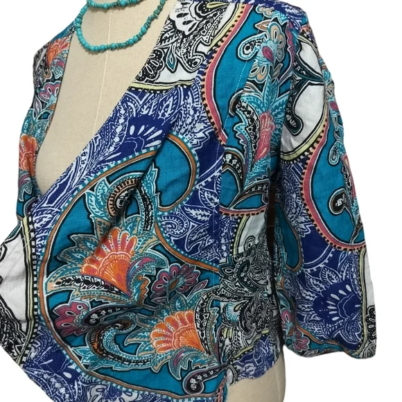 2594) Chico's Paisley Linen 3/4 Sleeve Open Front Blazer Size 0P/Small - Picture 6 of 9